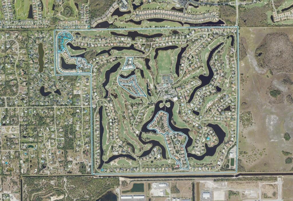 Aerial view of Fiddlesticks Country Club, Fort Myers, FL, with the community boundary outlined