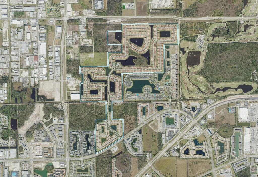 Aerial view of Lindsford, Fort Myers, FL, with the community boundary outlined