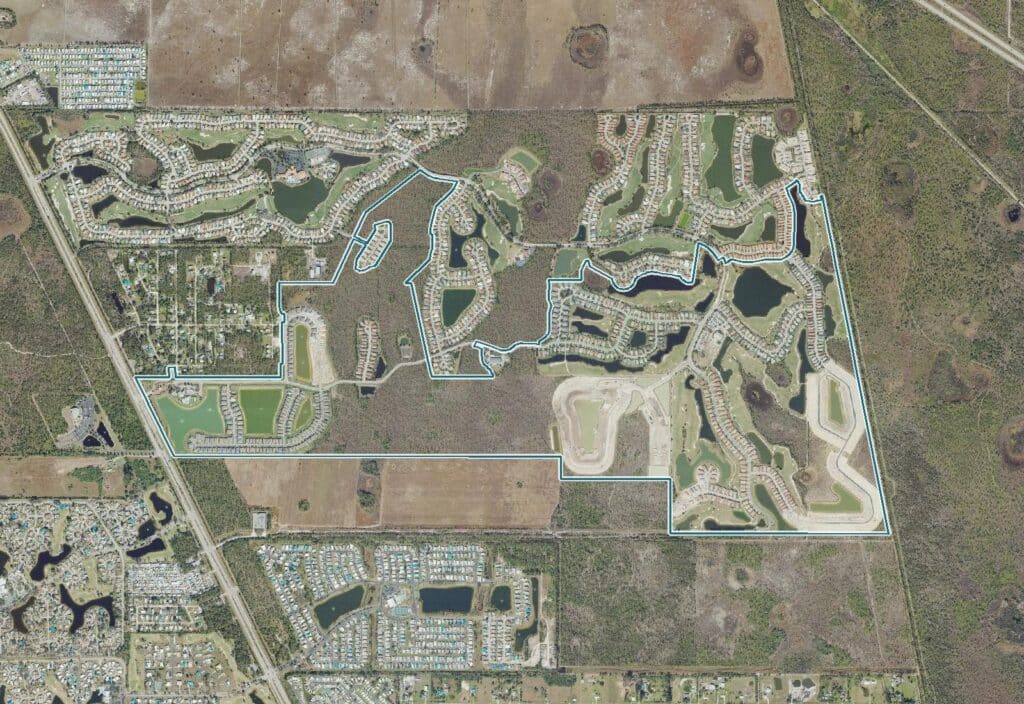 Aerial view of Magnolia Landing, North Fort Myers, FL, with the community boundary outlined