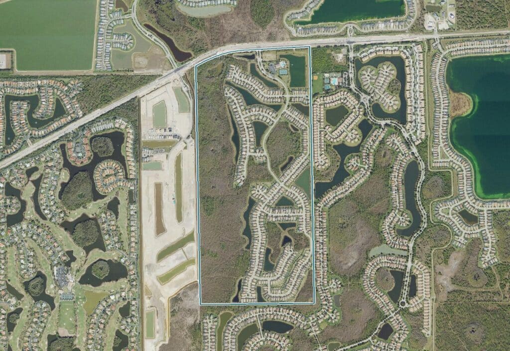 Aerial view of The Preserve at Corkscrew, Estero, FL, with the community boundary outlined
