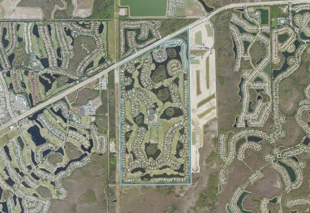 Aerial view of Wildcat Run, Estero, FL, with the community boundary outlined